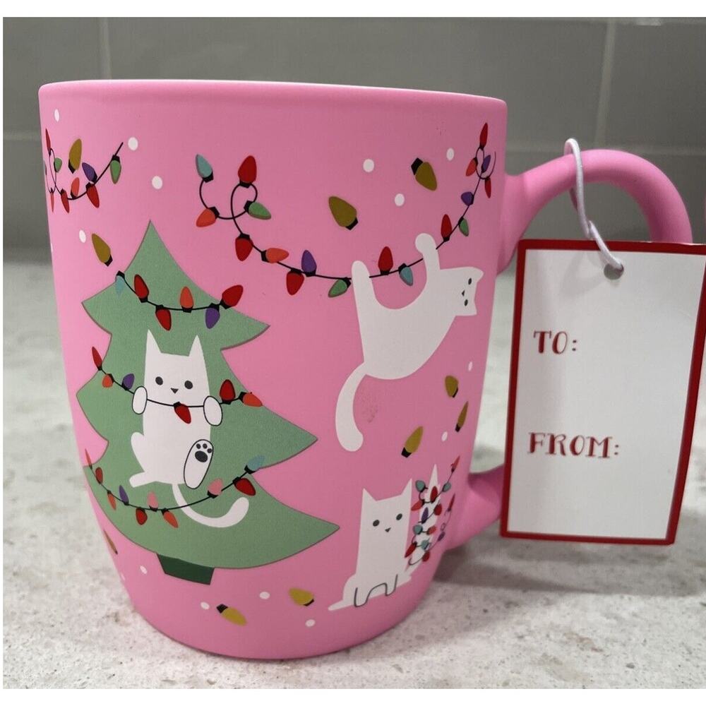 Peppermint & Pine Pink SOFT TOUCH Cats In Christmas Holiday Lights 16oz Mug - Picture 2 of 5